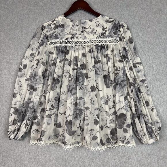 Zimmermann White Grey Floral Havoc Picot Silk Long Sleeve Blouse Size 3 - Picture 7 of 9